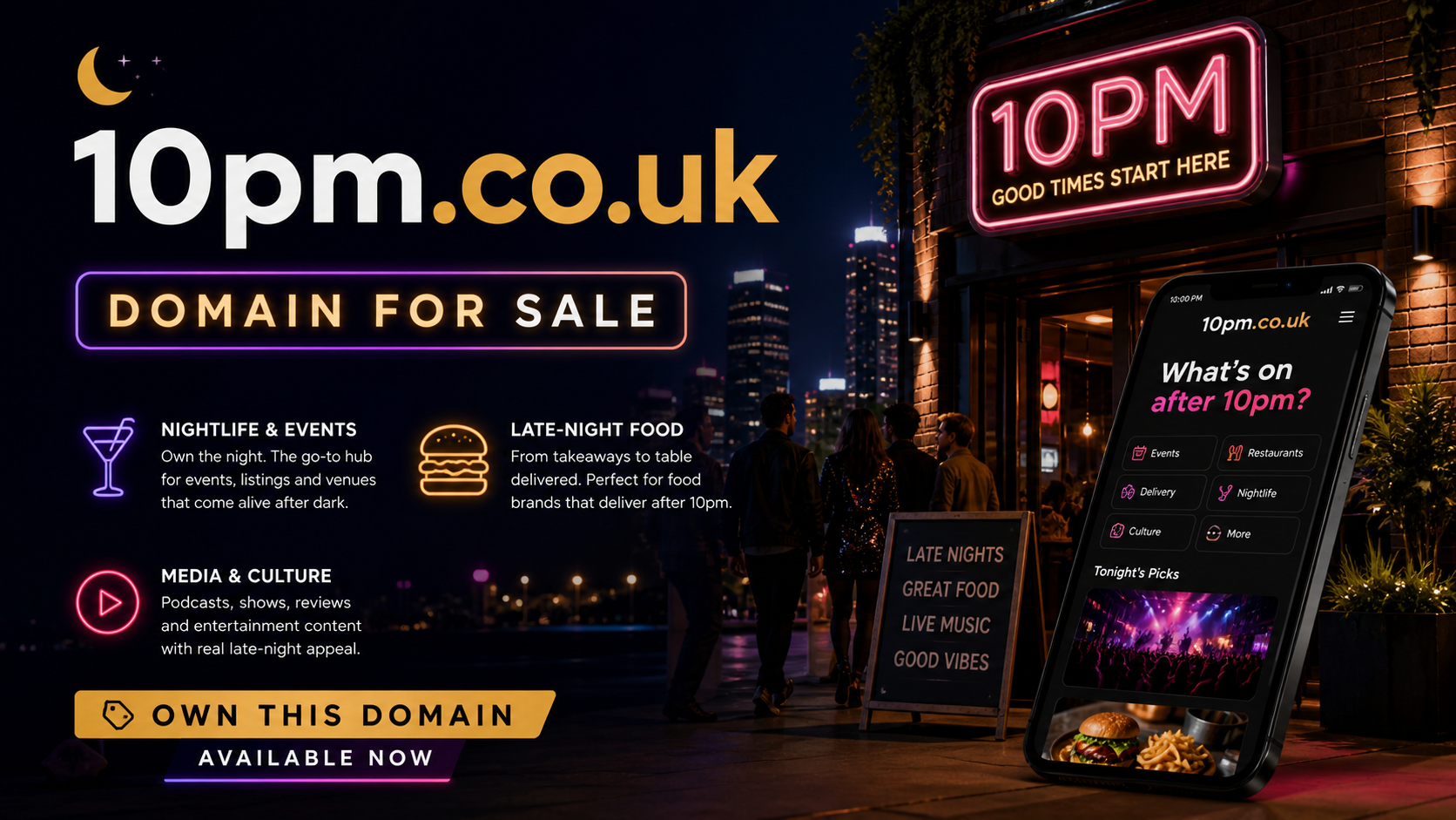 Promotional graphic featuring the domain 10pm.co.uk, shown with neon nightlife scene and smartphone app. Style: cinematic modern.