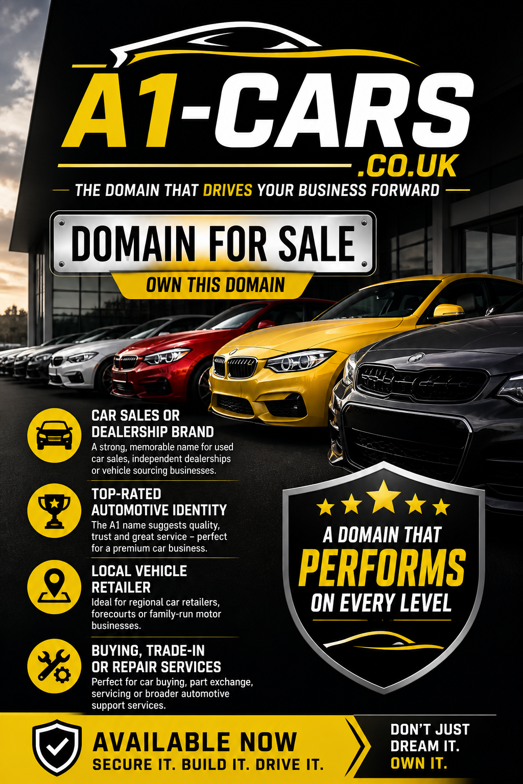 Promotional graphic featuring the domain a1-cars.co.uk, shown with showroom cars and badge icon. Style: bold automotive branding.