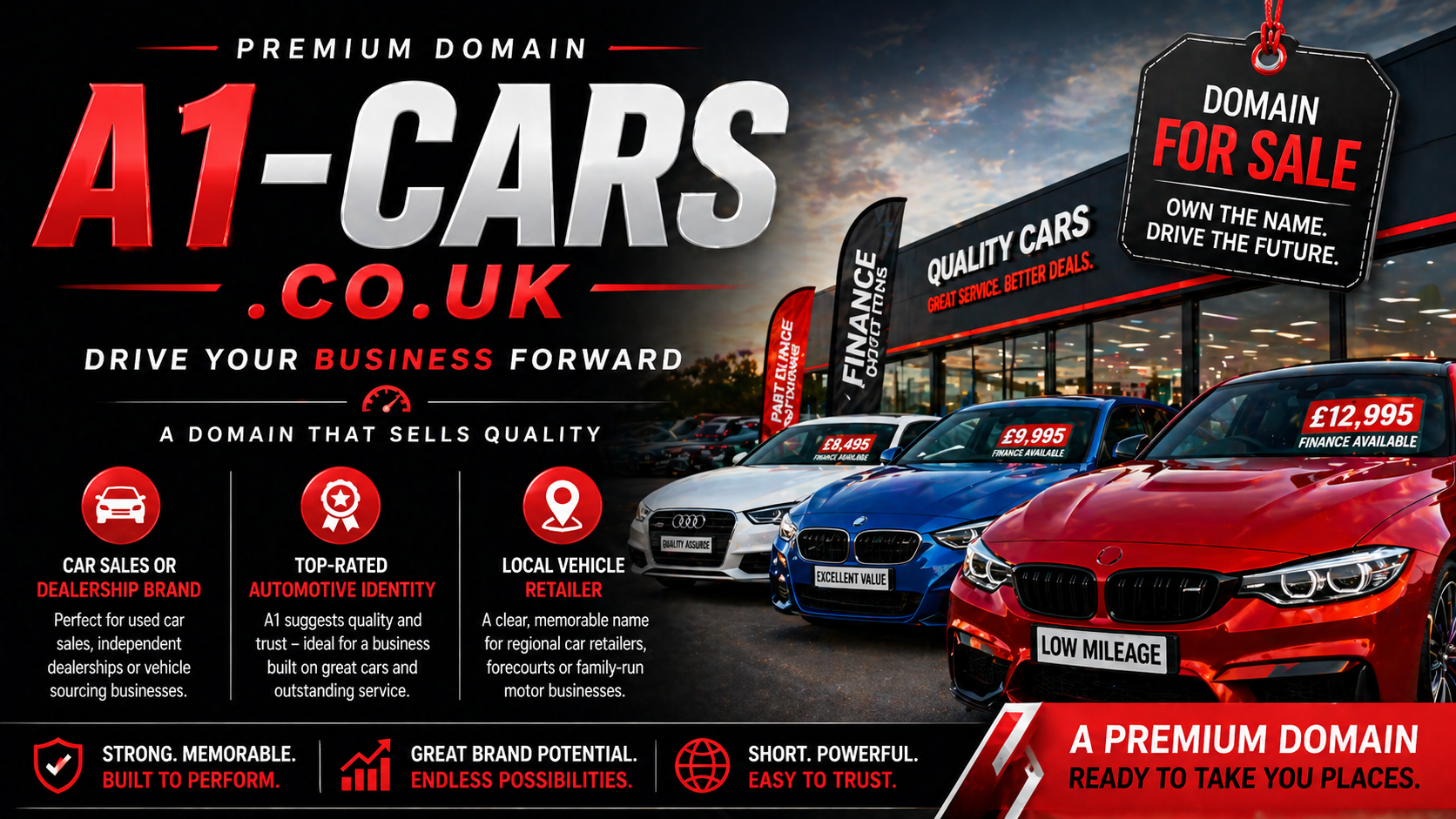 Promo banner featuring the domain a1-cars.co.uk with a showroom-style car lineup, price tags and bold signage, in a dynamic automotive retail-style layout.