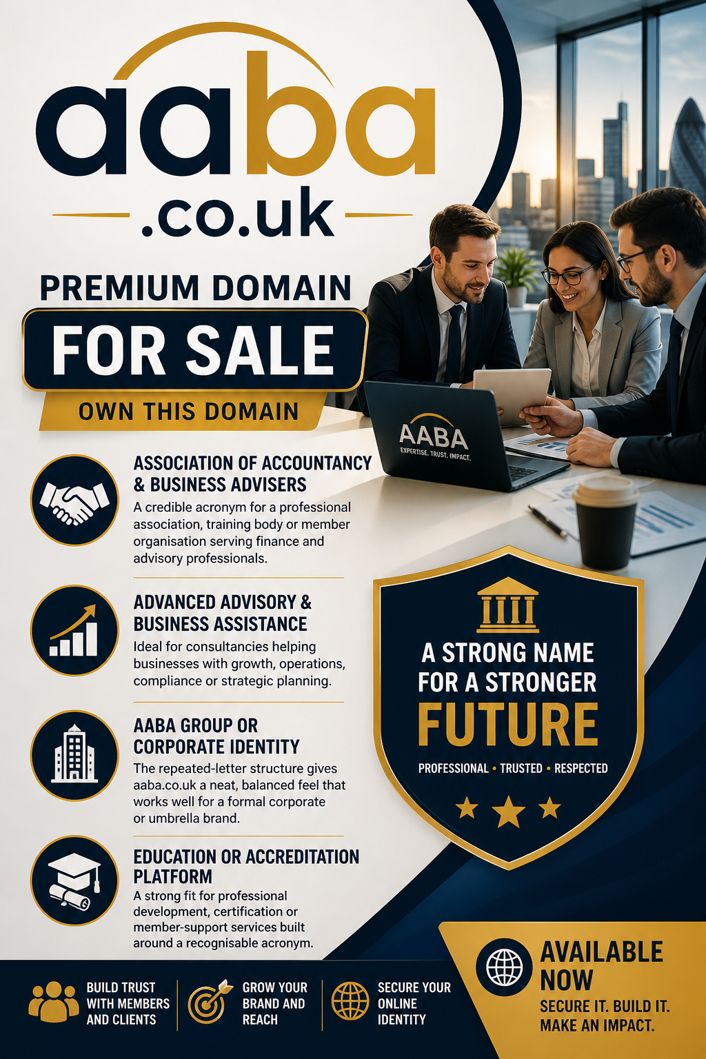 Promotional graphic featuring the domain aaba.co.uk, shown with business team and office setting. Style: clean corporate branding.