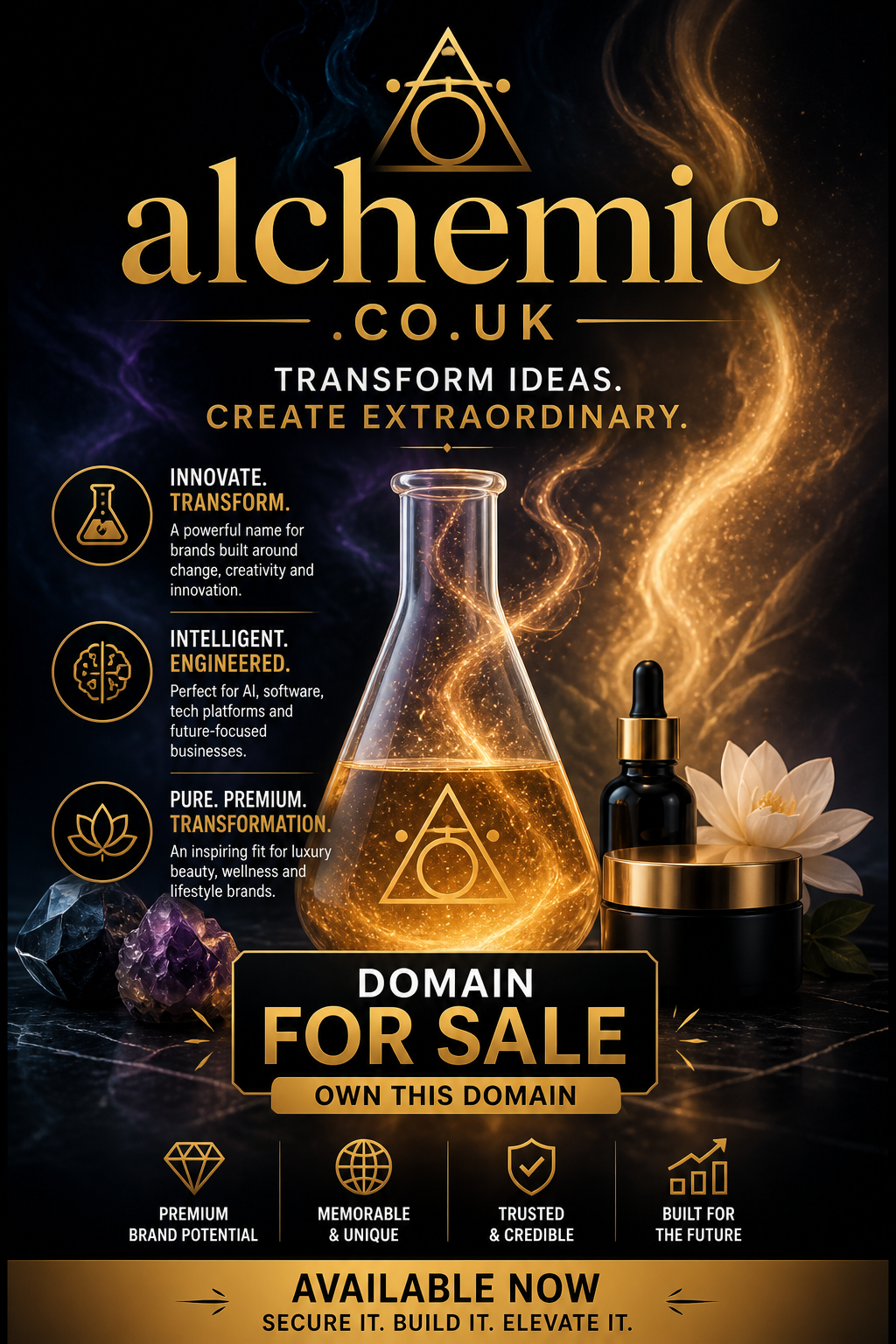 Promotional graphic featuring the domain alchemic.co.uk, shown with glowing flask and abstract energy. Style: futuristic premium branding.