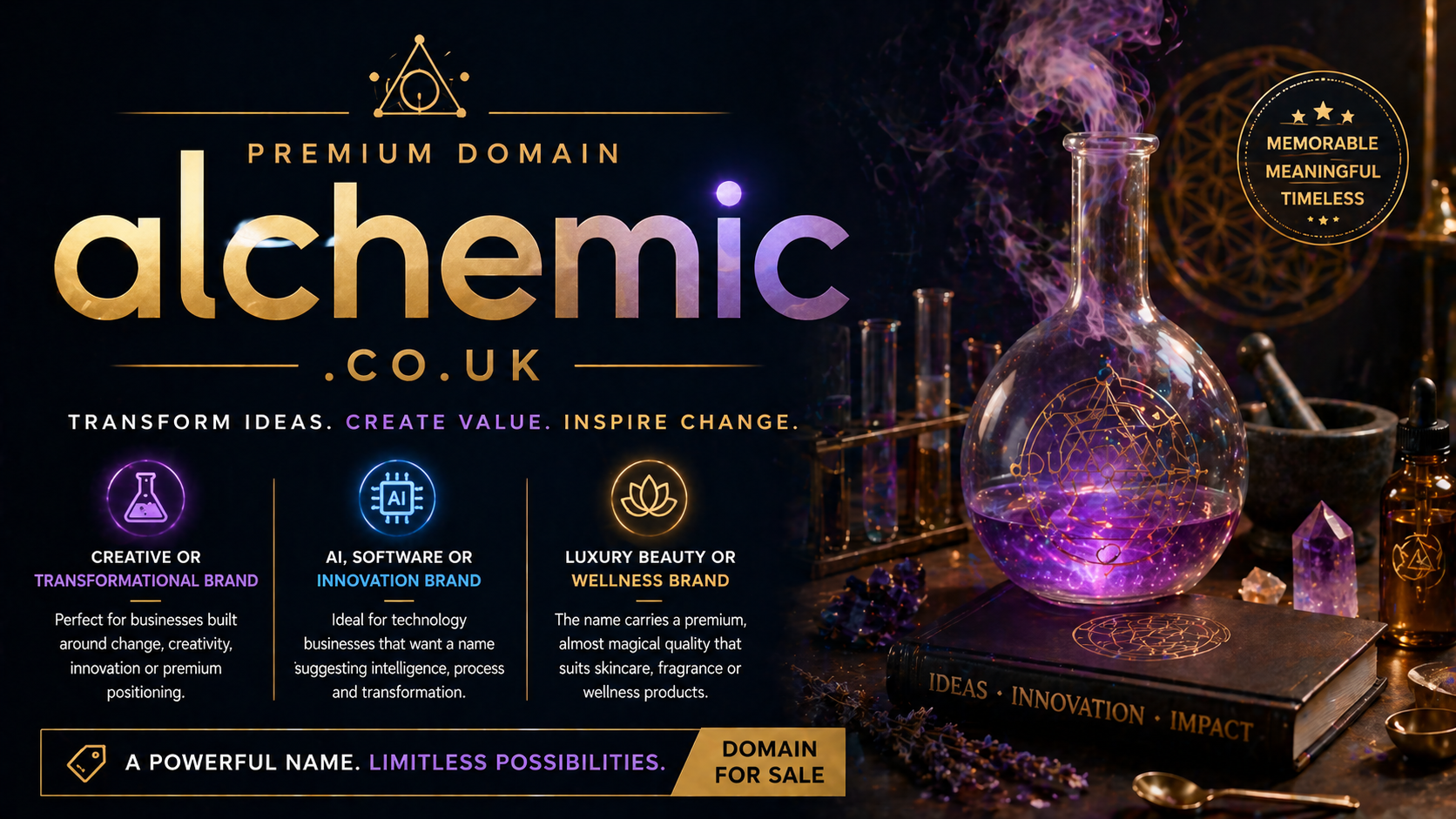 Promo banner featuring the domain alchemic.co.uk with glowing alchemy flask, mystical symbols and rich gold-purple tones, in a cinematic luxury-tech style layout.