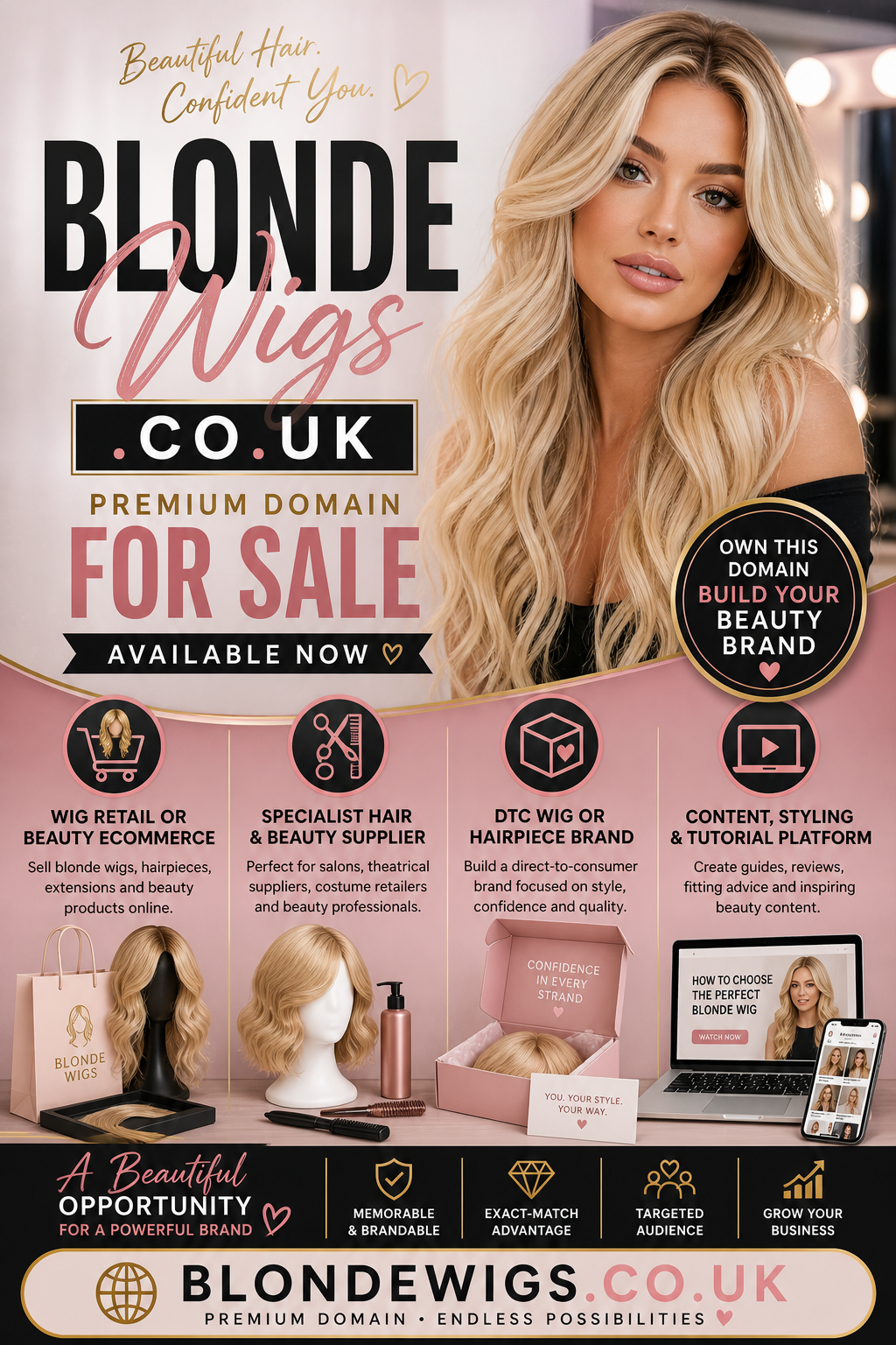 Promotional graphic featuring the domain blondewigs.co.uk, shown with model and wig products. Style: modern, beauty-focused