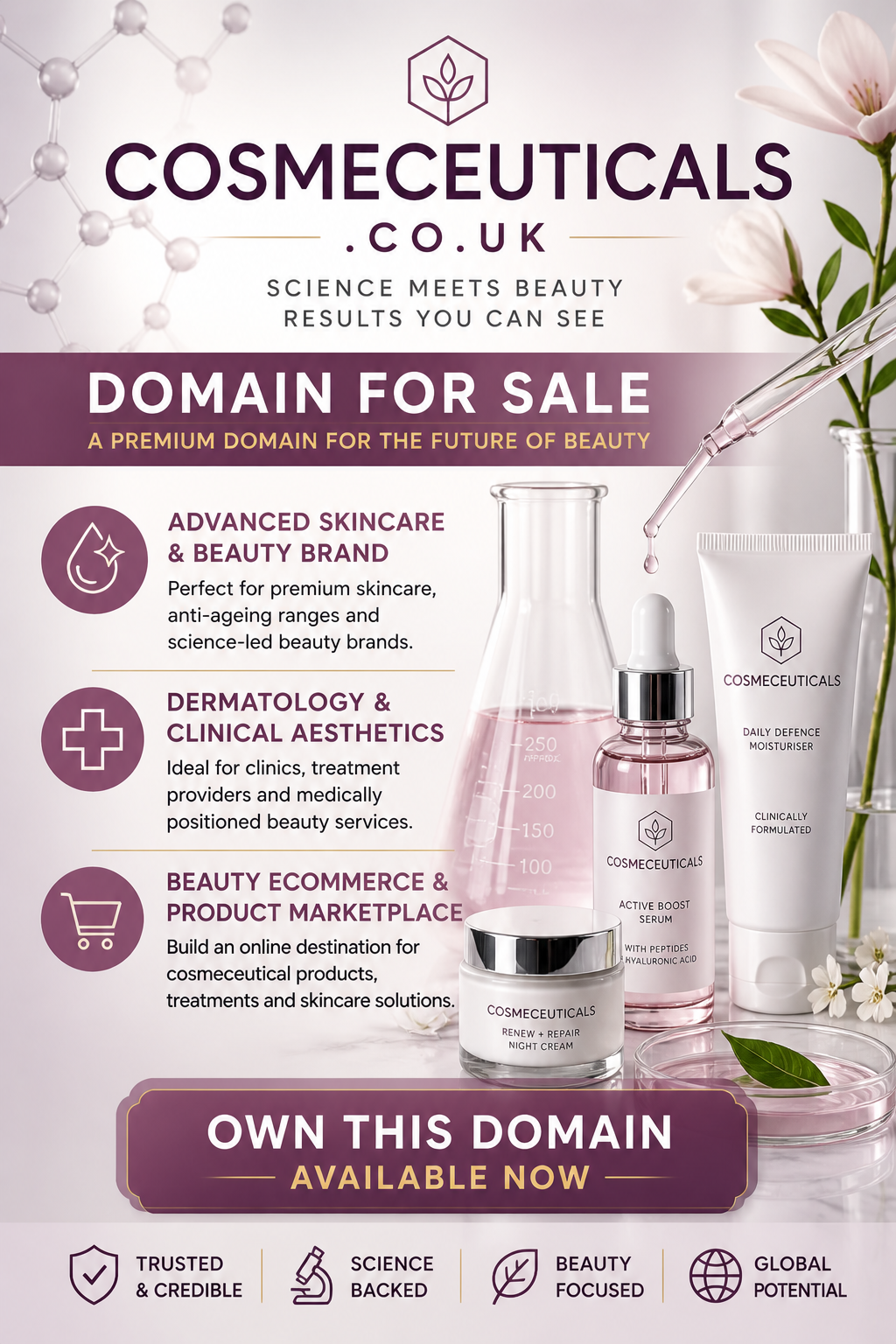Promotional graphic featuring the domain cosmeceuticals.co.uk, shown with skincare bottles and lab glass. Style: clean luxury.